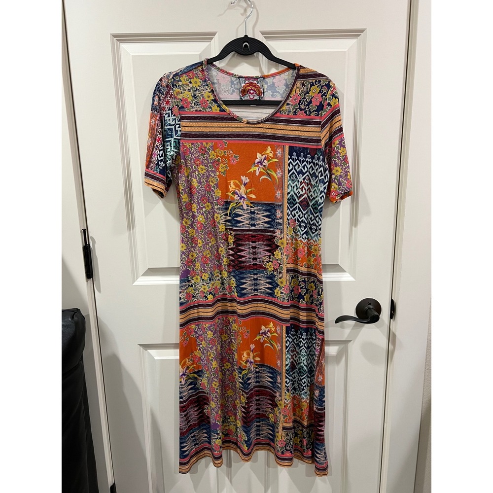 Johnny Was Allie Flower Short Sleeve Bamboo Swing Midi Dress Size Small